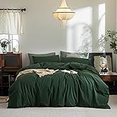 FOSSA Duvet Cover Set 100% Washed Cotton Linen Feel Super Soft Breathable Cozy 3 Pieces Bedding Sets Solid Forest Green Queen