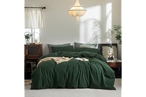 FOSSA Duvet Cover Set 100% Washed Cotton Linen Feel Super Soft Breathable Cozy 3 Pieces Bedding Sets Solid Forest Green Queen