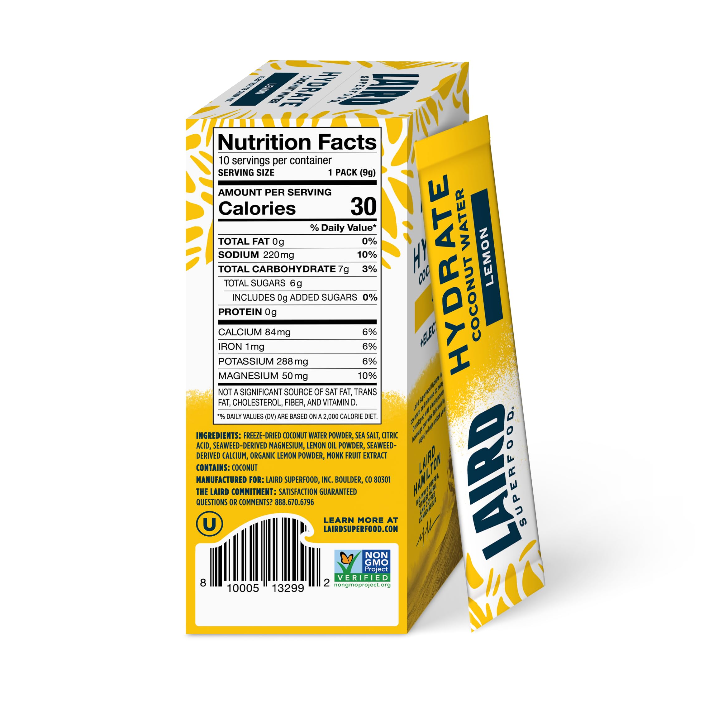 Laird Superfood Hydrate Coconut Water – Electrolyte Drink Mix - Lemon, 10 Single Serve Sticks – 0g Added Sugar – No Artificial Ingredients – On-the-go Hydration