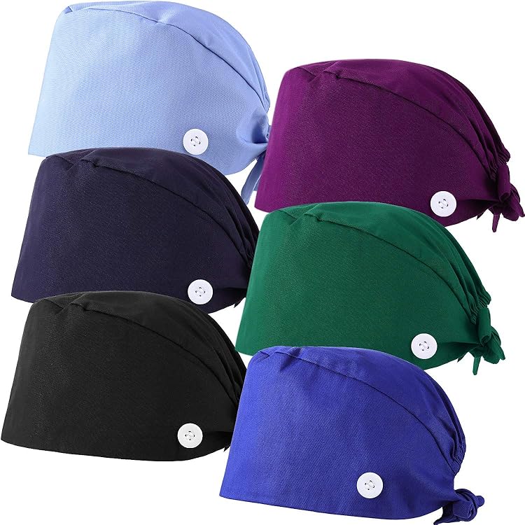 YESIMOLA Scrub Caps Women Men Dentist Nursing Hats Bouffant Nurse Hats Ponytail Turban Hats Buttons Working Hat Adjustable Tie Sweatband Dark Blue On - View #4