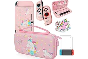 TRUNPLE Pink Unicorn Carrying Case Compatible with Nintendo Switch (Not OLED or Lite) with Dockable Protective Grip Case +Screen Protector +Unicorn Stickers, Hard Storage Case Accessories Kit Bundle for Girls
