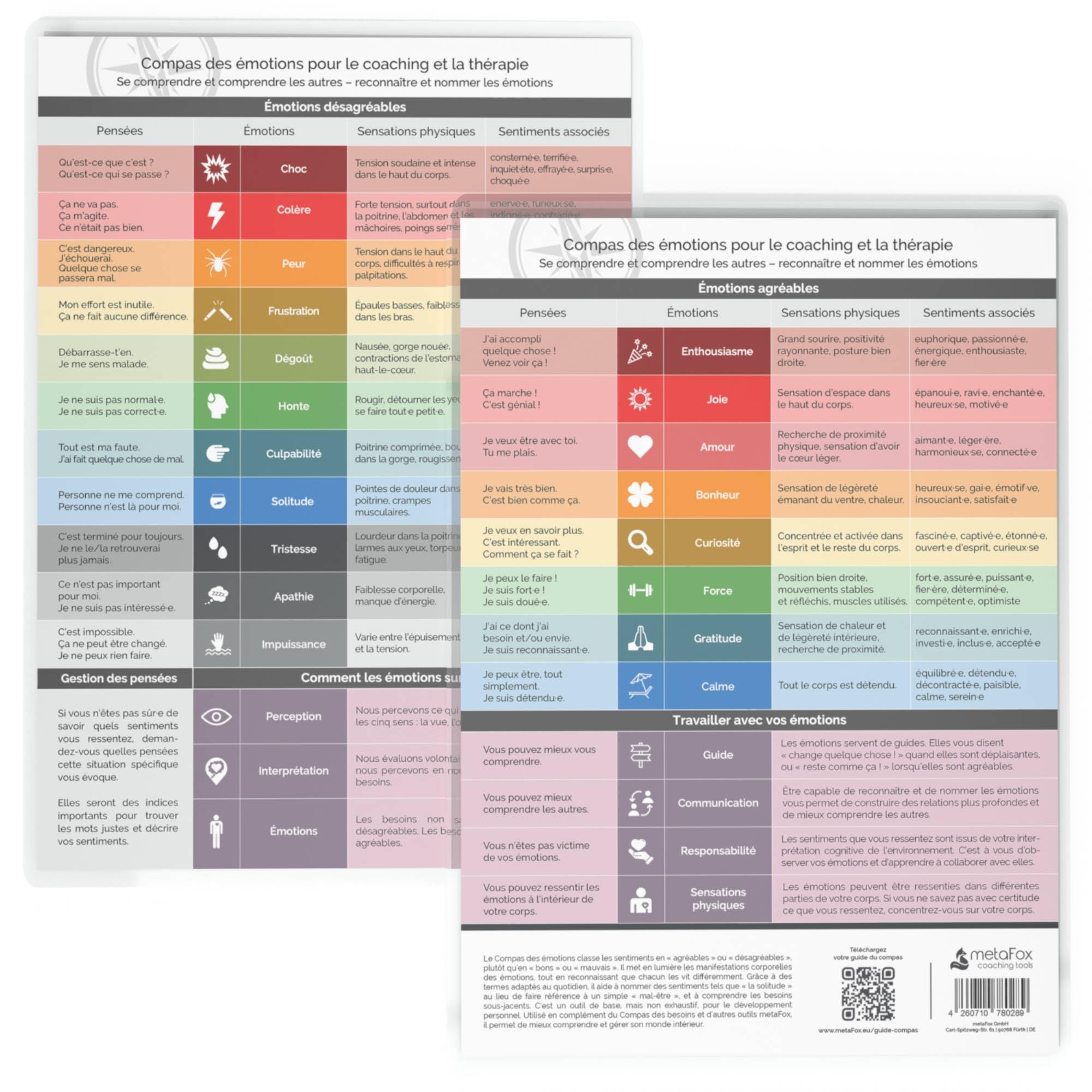 metaFox - Emotions Compass Feelings Chart, Feelings Poster for Counselor Office Decor, Feelings Chart for Counseling and Therapy Posters, DIN-A4 Laminated (French)