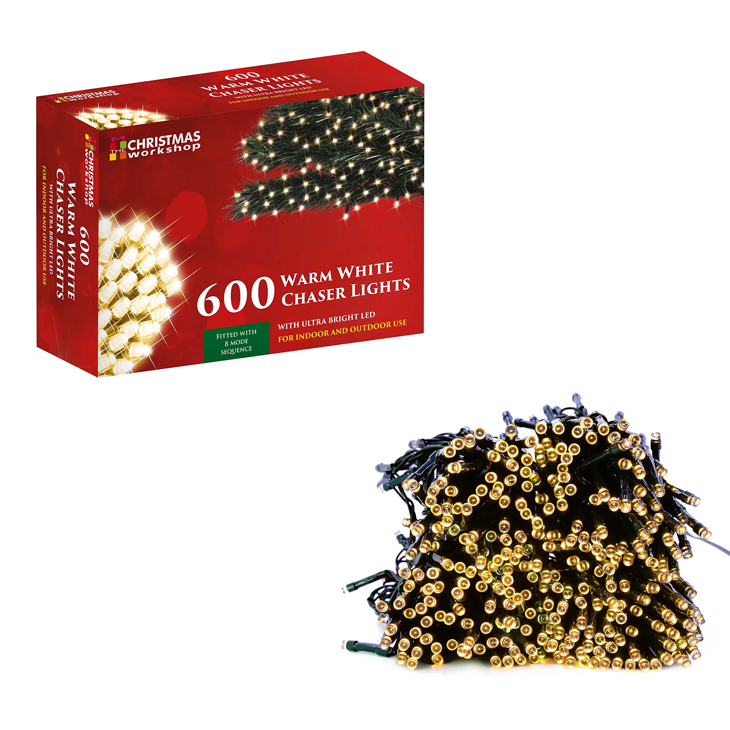 The Christmas Workshop 76230 600 Warm White LED Chaser Christmas Lights/Indoor or Outdoor Fairy Lights / 41.9 Metres / 8 Light Modes/Great for Christmas, Weddings & Gardens