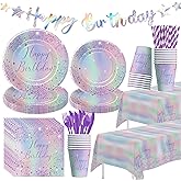 Srua Don Iridescent Party Decorations Tableware, Ombre Purple Holographic Birthday Party Supplies, Plate, Cup, Napkin, Tablecloth, Cutlery, Banner, Glitter Iridescent Birthday Decorations | Serve 24