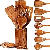 Pleafind Natural Teak Wooden Utensil Set - 9 Pcs, Wooden Spoons for Cooking, Wooden Cooking Utensils Set with Holder & Spoon Rest, Soft Comfort-Grip Wood Kitchen Utensil Set for Non-Stick Cookware