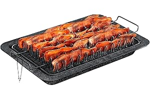 BAKKENMASTER Bacon Tray - 2-Piece Set – Marble Coating - Durable, Non-Stick Cooking Tray for Bacon – Black Stone Tray and Carbon Steel Rack