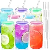 Joyclub 8pcs 16 oz Glass Cups with Acrylic Lids and Straws Can Shaped Iced Coffee Glasses Cute Tumbler Set Drinking Jars for Smoothie Soda Boba Beer Party Housewarming Gifts