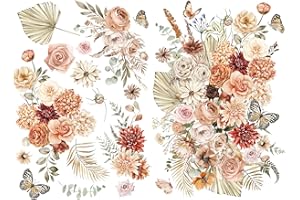 Joeyan BOHO Bouquets Rub On Transfers for Furniture and Crafts, 2 Large Botanical Design Sheets 12''x18'', DIY Home Decal on 