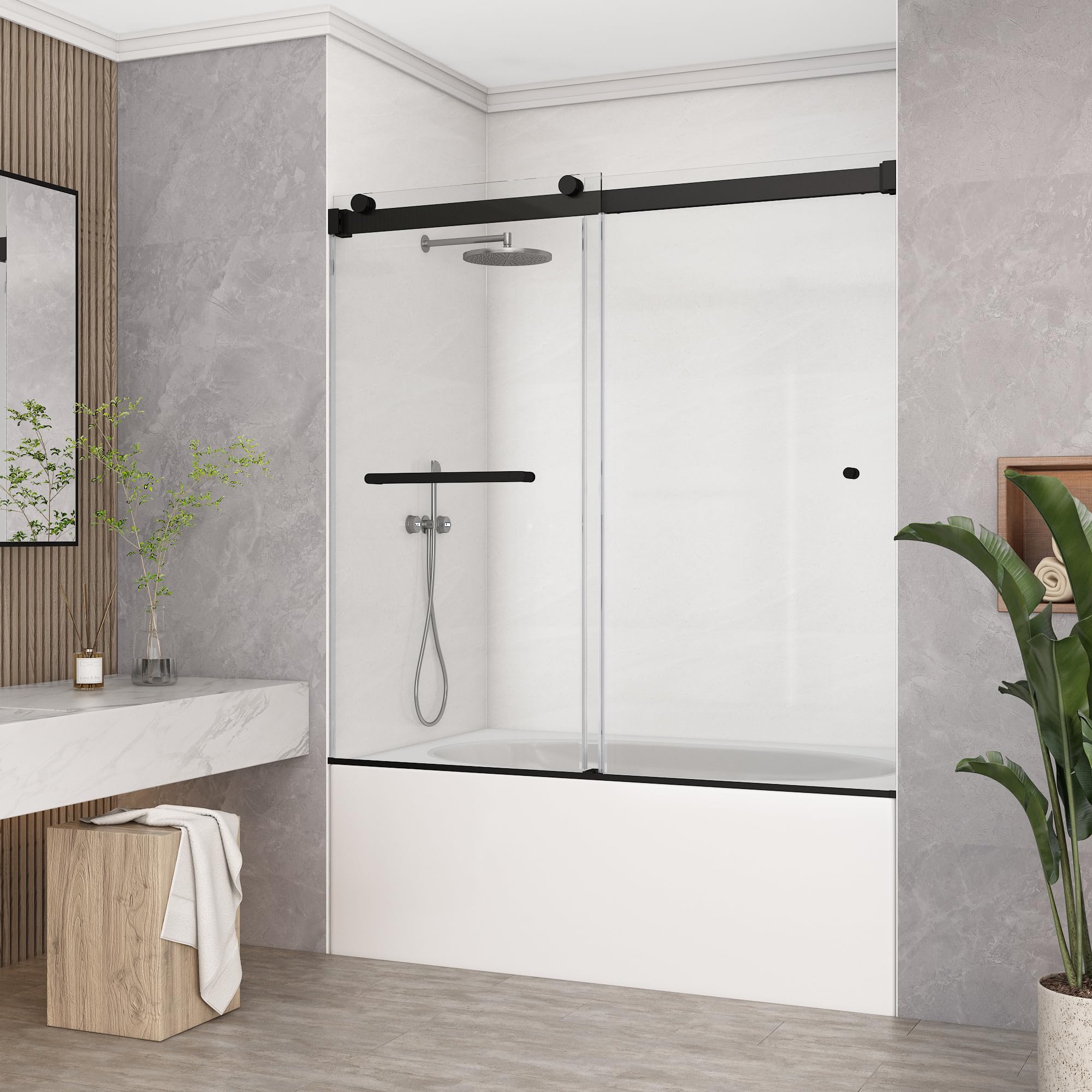 Photo 1 of ***factory sealed ****Bathlink Frameless Double Sliding Tub Shower Door 59-60" W x60 H, 5/16" (8mm) Thick Easy-Clean Tempered Glass, Easy Installation, Safety Tested Glass Tub Doors Matte Black