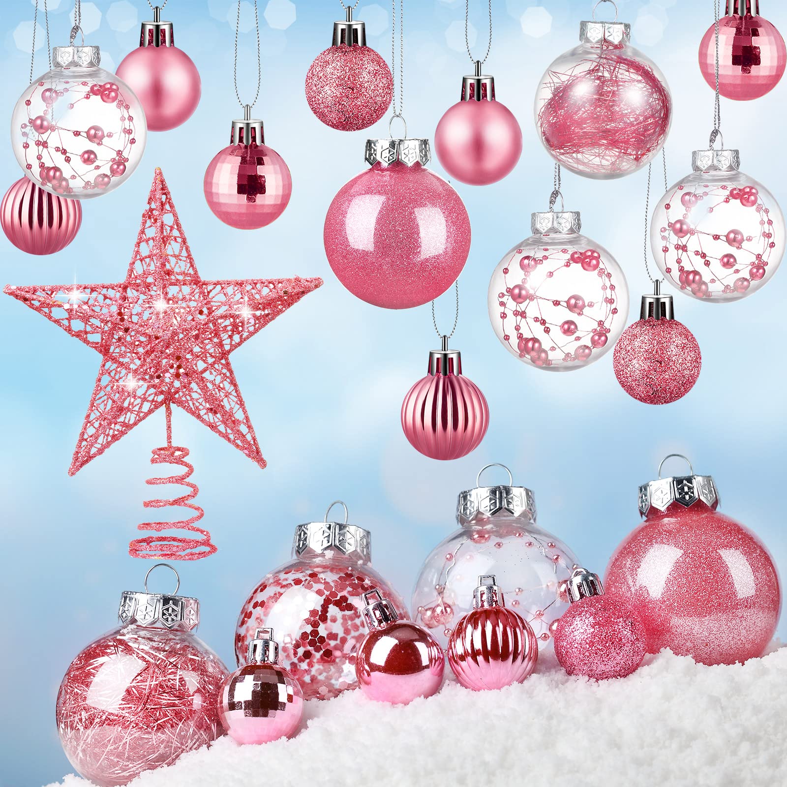 Christmas Star Balls Tree Baubles Set - Plastic Star Topper Clear Balls for Tree Birthday Holiday Indoor Outdoor Decor (Pink, 37 Pieces)