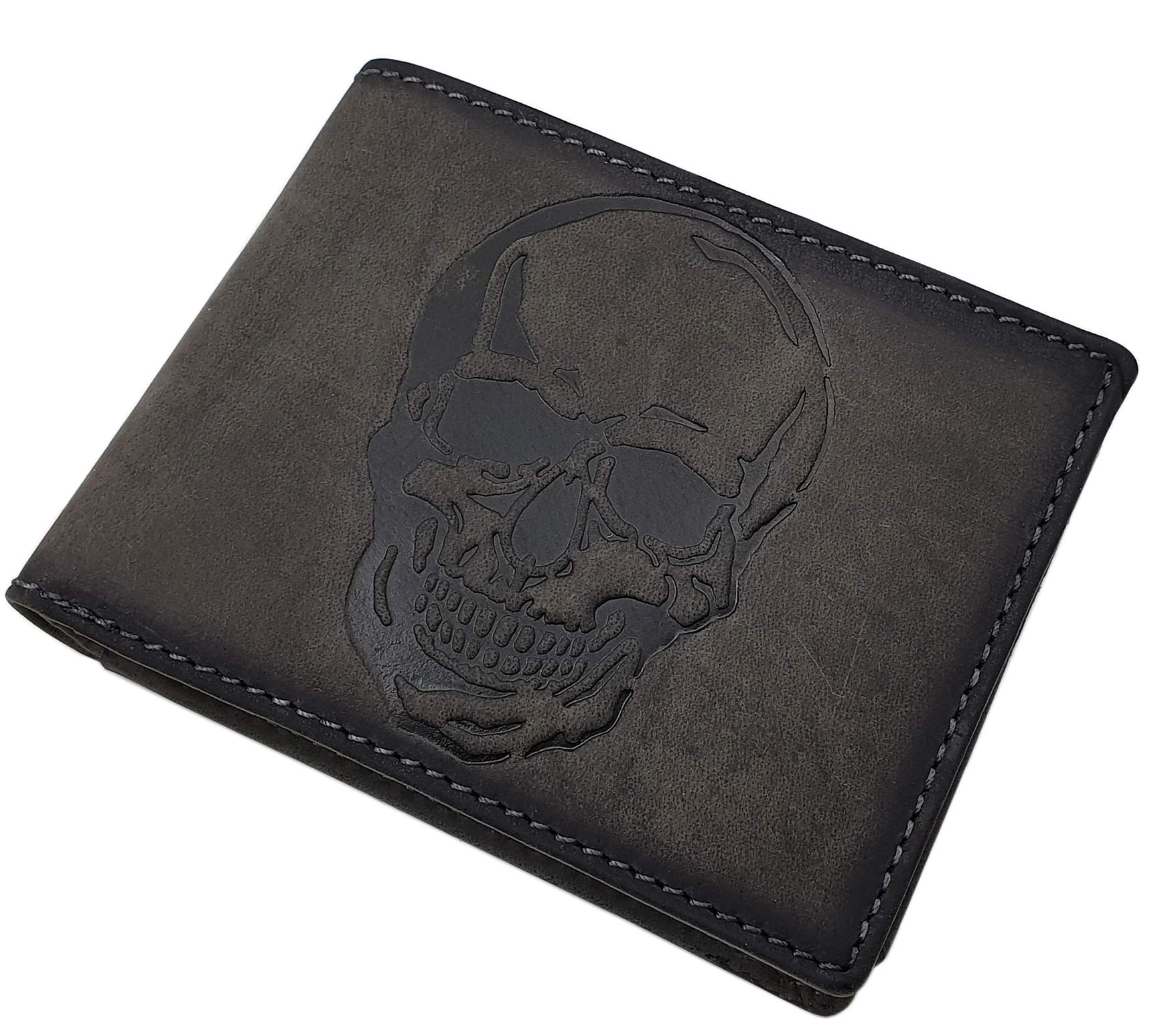myledershop Buffalo Full Leather Wallet with Skull-Motif in Landscape Format - with RFID & NFC Blocking (Grey)
