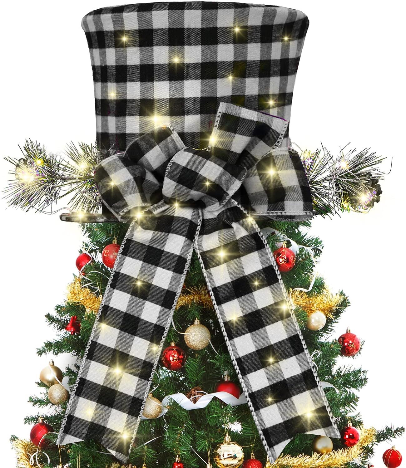 Tree Toppers - Christmas Tree Topper Hat Buffalo Plaid Christmas Tree Topper Christmas Tree Topper Ribbon Bow with String Lights for Xmas Tree Home Desktop Holiday Decorations (Black and White Plaid Bow and Hat)