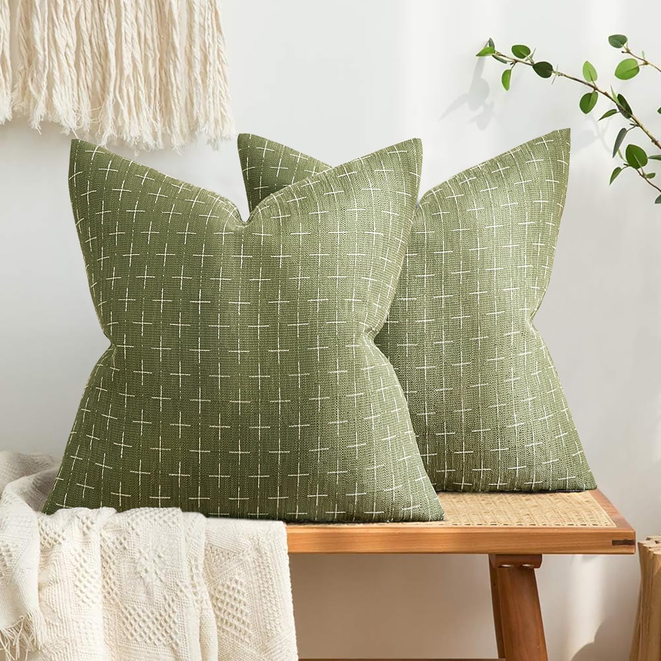 Photo 1 of MIULEE Pack of 2 Decorative Burlap Linen Throw Pillow Covers Farmhouse Pillowcases Modern Rustic Woven Textured Cushion Cover for Sofa Couch Bed 20x20 Inch Sage Green