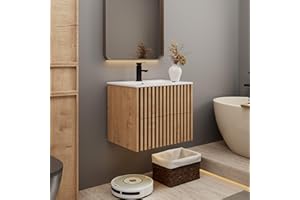 eclife 24" Floating Bathroom Vanity with Sink Combo, Modern Wall Mounted Cabinet with 2 Fluted Drawers, Undermount Sink, Faucet, Drain, Mixed Natural
