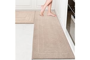 PURRUGS Machine Washable Kitchen Rug Set of 2, Non-Slip/Skid Kitchen Runner Rugs & Floor Mats, Super Absorbent Soft Standing Mats for Kitchen, Laundry & Sink, Rolled Packaging, Beige