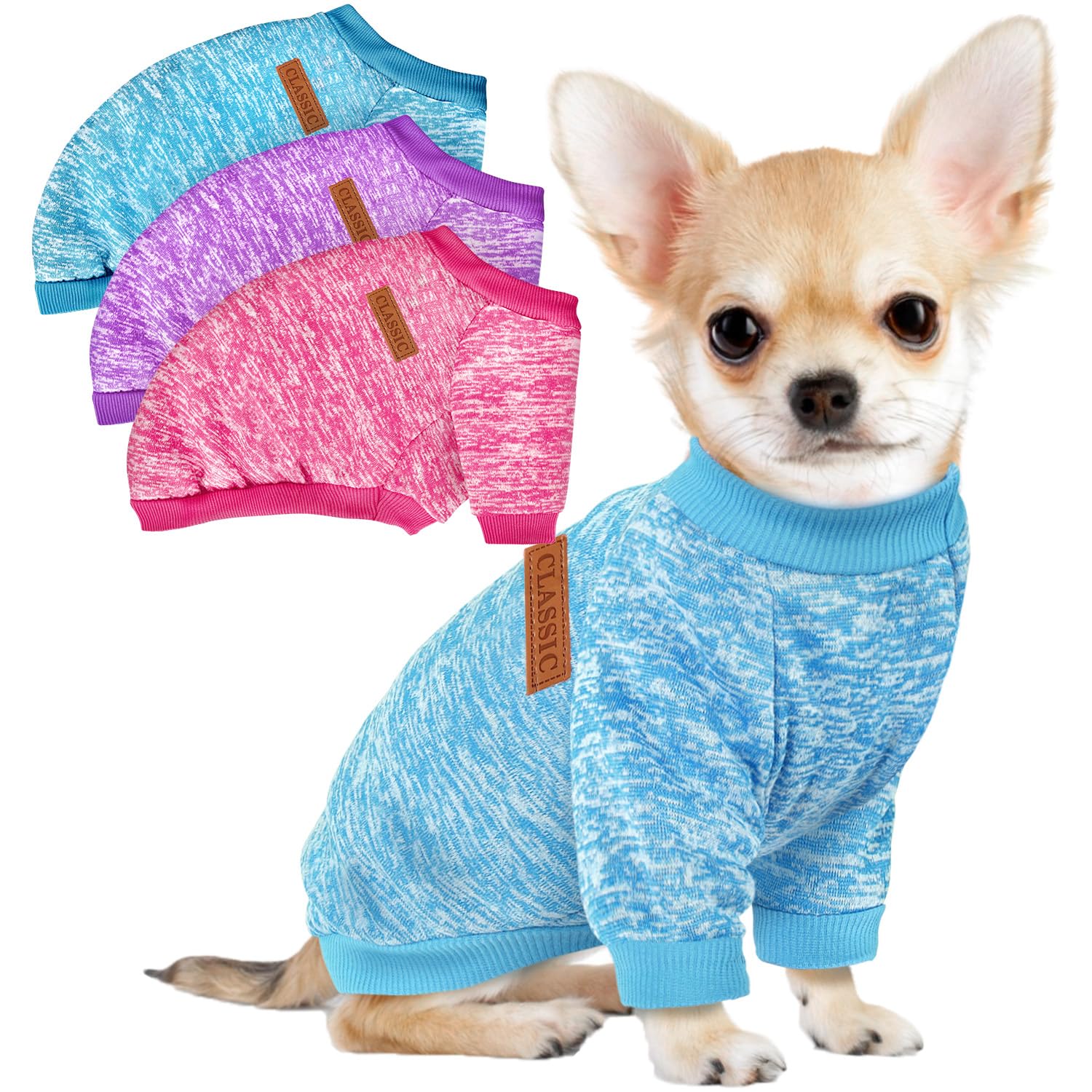 Photo 1 of 3 Pack Dog Sweaters for Small Dogs Girl Boy Winter Fleece Clothes Warm Soft Dog Sweatshirt Outfit for Dogs Cats Pet Apparel (Rose+Light Blue+Purple, Large)