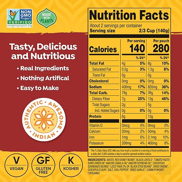 TASTYBITE ORGANIC THREE BEAN MADRAS LENTILS, 10 OZ