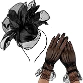 WLLHYF 2 Pcs Fascinators Hat for Women Headband Tea Party with Lace Glove 50s Vintage Hat Wedding Feather Veil Hair Clip Black