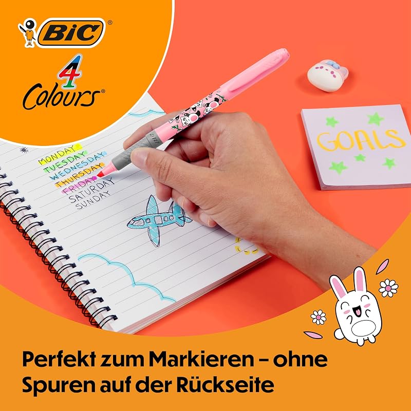 4 Colours Decors Kawaii-Reihe Druck-Kugelschreiber mit mittlerer Spitze (1,0 mm) in lustigen Titenfarben + BIC Highlighter Grip Decors mit Keilspitze – verschiedene Kawaii-Designs, Packung à 2+2
