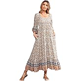 R.Vivimos Women's 3/4 Sleeve Square Neck Midi Dress Boho Casual Floral Print Empire Waist Ruffle Flowy Smocked Long Dresses