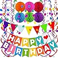 FECEDY Colorful Happy Birthday Banner Paper Triangle Flag Bunting Circle Confetti Dots Hanging Garland And Honeycomb Ball Swirl Streamers for Birthday Baby Shower Party Decoration