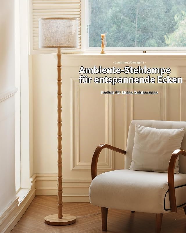 Boho Stehlampe aus Eiche Holz mit Beige Stoffschirm