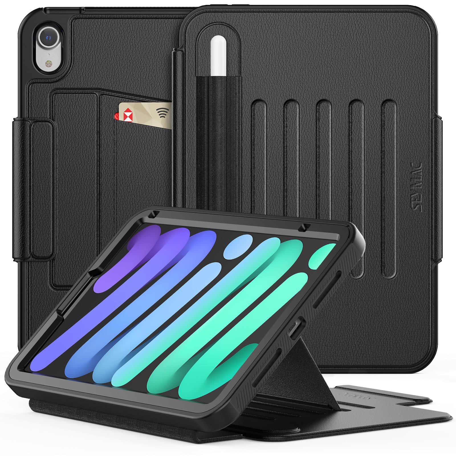 SEYMAC Case for iPad mini 7th/6th Generation 2024/2021 [8.3 inch] A17pro, Kids Shockproof Full Body Protective Case with Auto Sleep/Wake Magnetic Smart Cover, Multi-angle Stand, Pencil Holder (Black)