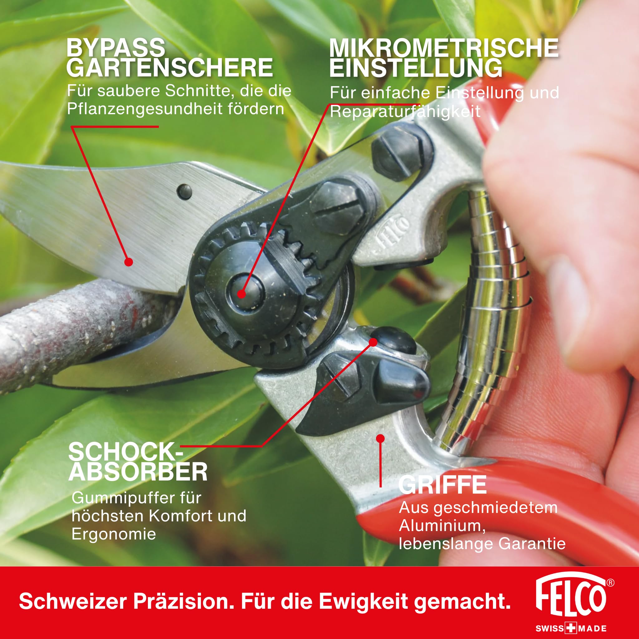 FELCO 6 kompakte Bypass-Baum-, Reb- und Gartenschere für mittelgroße Hände, für Rechtshänder, gehärtete Stahlklinge, Griff aus geschmiedetem Aluminium, ergonomischer Schneidkopf, Swiss Made Qualität 6