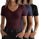 Huukeay 3 Pack Women's Henley T Shirts V Neck Button Short Sleeve Tees Ribbed Knit Slim Fitted Basic Casual Tops