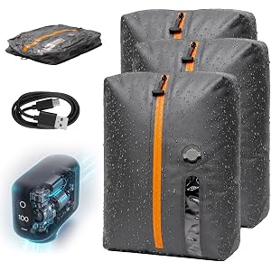 Roseek Travel Vacuum Bags With Pump, 3 Pack 22L Compression Kit For Clothes | IPX8 Waterproof; 3-5 Minute Compression; USB-C