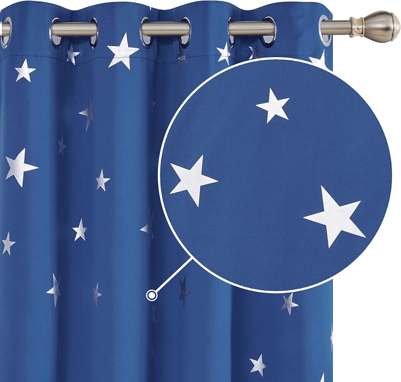 Deconovo Soft Star Foil Printed Blackout Curtains 66 x 90 Inch 2 Panels Blue