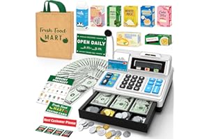 BSTOYDER Calculator Cash Register Toy Gift for Kids Age 3, 4, 5, 6, 7, 8+ Year Old, 120 Pcs Grocery Store Playset with Toy Cash, Grocery Boxes， Microphone, Play Cash Register for Toddlers 4-8, Silvery