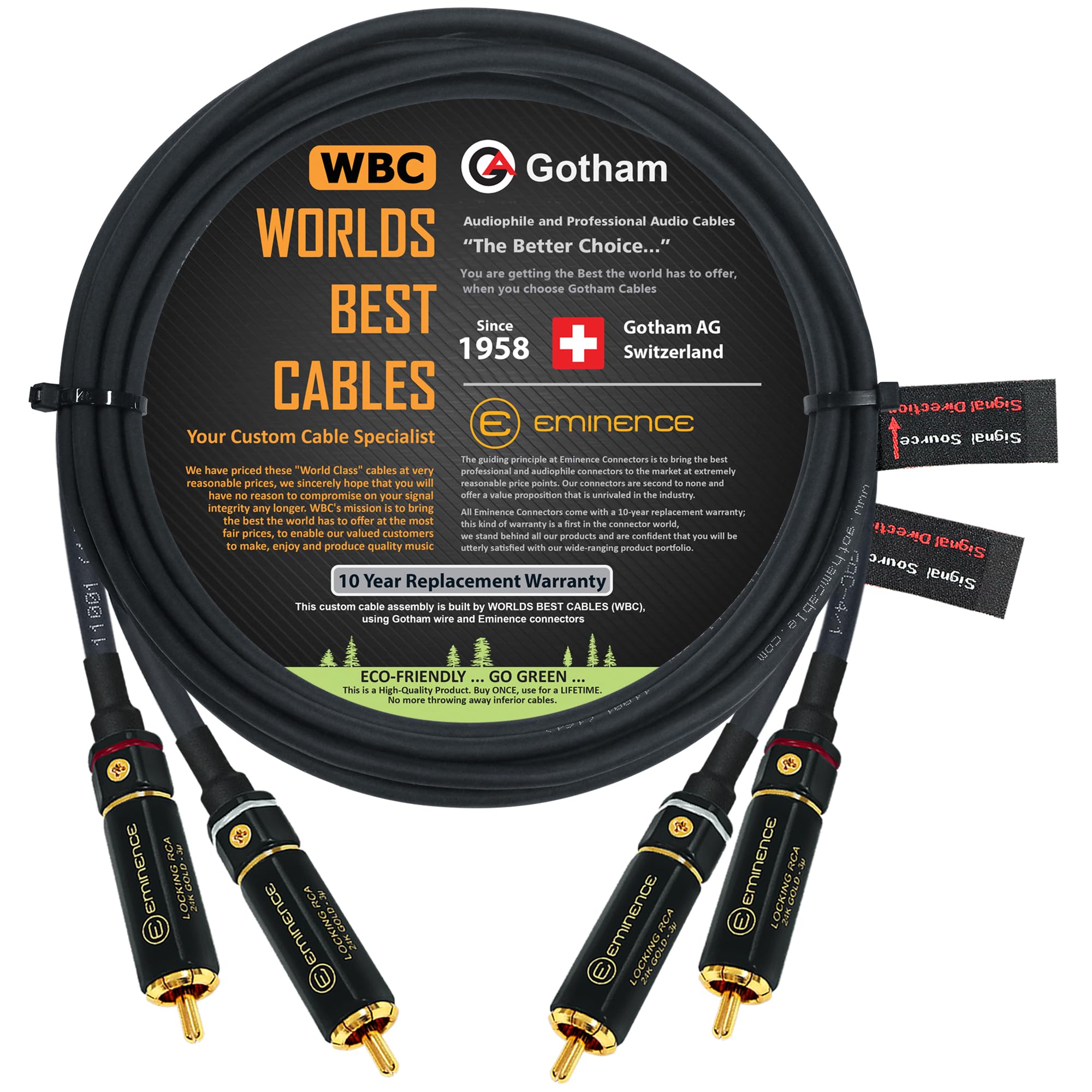WORLDS BEST CABLES 2.5 Meter RCA Cable Pair - Gotham GAC-4/1 (Black) Star-Quad Audio Interconnect Cable with Premium Gold plated Locking RCA Connectors - Directional