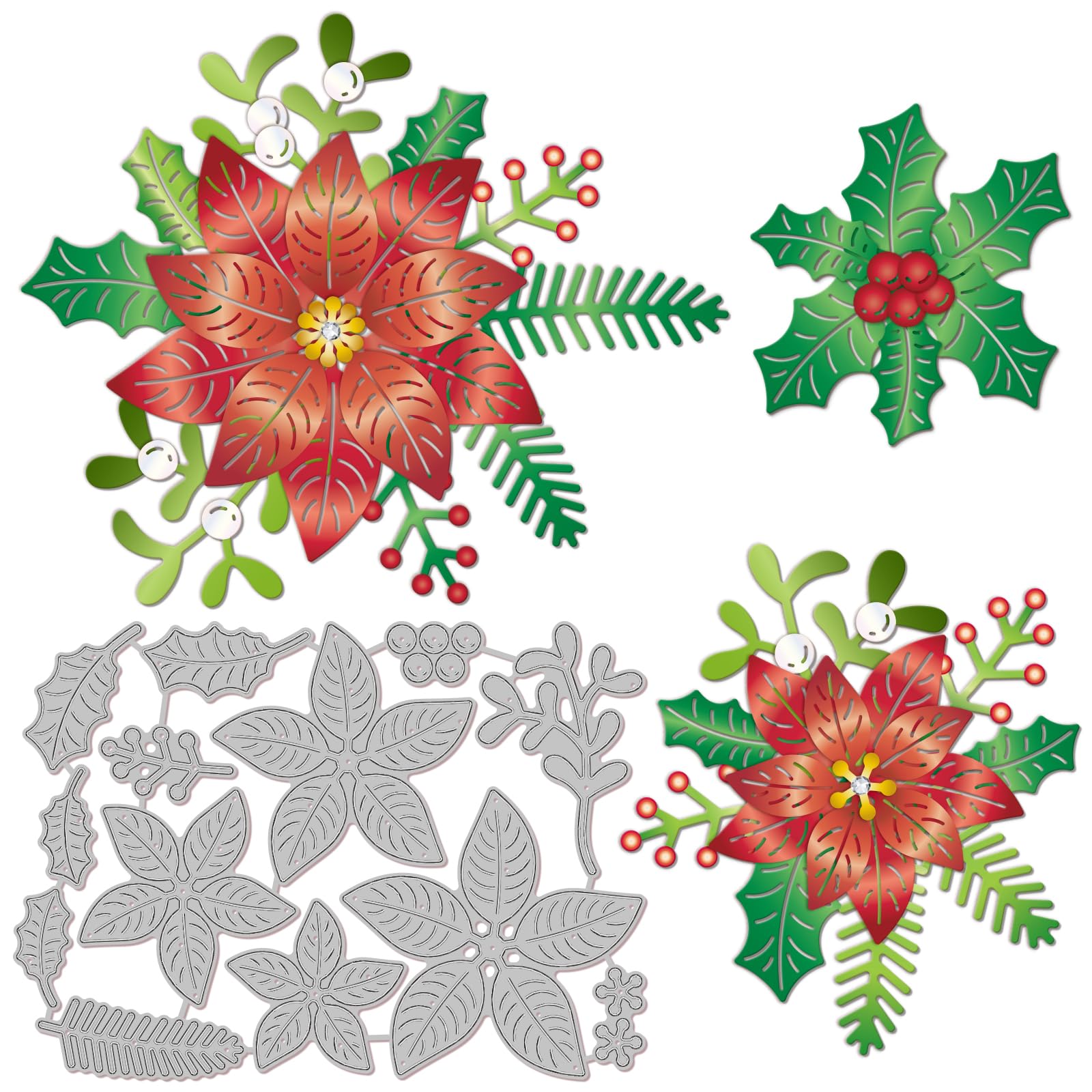 GLOBLELAND Christmas Overlay Poinsettia Cutting Dies for DIY Scrapbooking Metal Layered Poinsettia Flower Leaf Die Cuts Template for Paper Card Making Decoration Album