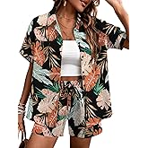 LOMON Women's 2 Piece Hawaiian Vacation Outfits Tropical Print Short Sleeve Shirts and Shorts Beach Sets Resort Wear