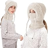 3 in 1 Beanie Hat with Scarf and Mask, Knit Beanie Hat Fleece Lined Winter Scarf Mask Set, Snow Caps Plush Earmuff Skull Hats