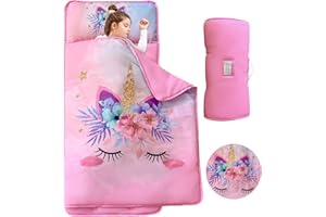 VIVILINEN Unicorn Toddler Nap Mats for Preschool Daycare Girls Pink Cartoon Kids Sleeping Mats Toddler Slumber Bag Nap Pad with Removable Pillow for Girls Boys Kindergarten Sleepovers Travel and Camping