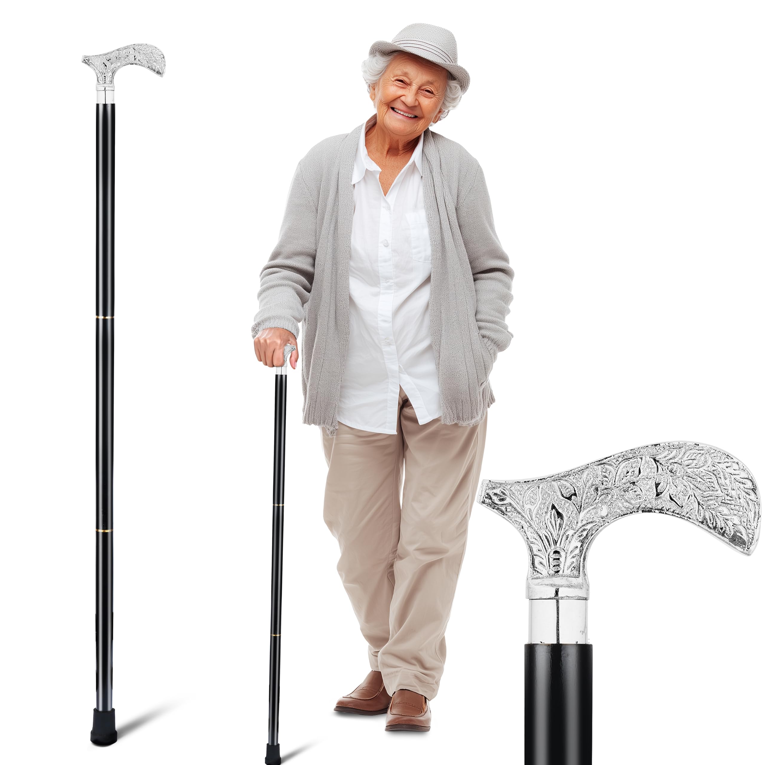 Ajuny Walking Sticks for Men Women Seniors Durable Folding Wooden Canes with Decorative Brass Handle Silver Finish Wood Cane 36 Inch