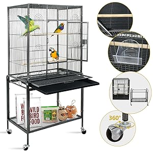 SUPER DEAL 53''/59.3''/63.5'' Rolling Bird Cage Large Wrought Iron Cage for Cockatiel Sun Conure Parakeet Finch Budgie Lovebird Canary Medium Pet House with Rolling Stand & Storage Shelf