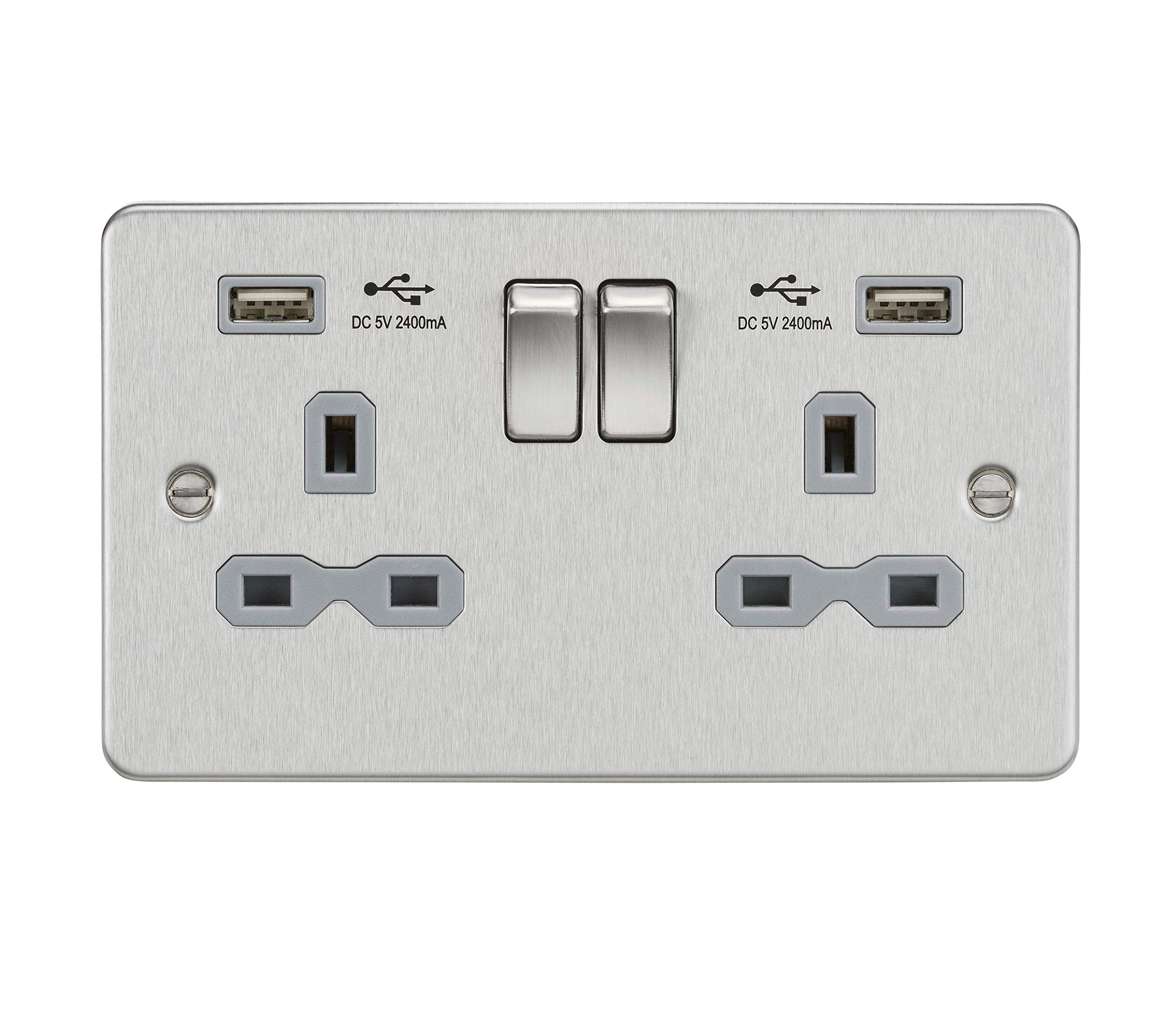 13A 2G Switched Socket with Dual USB Charger A + A (2.4A) - Brushed Chrome with Grey Insert — image 1