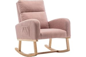 HOMYKA Rocking Chair Nursery, Teddy Fabric Uplostered Rocking Glider Chair Nursery with Side Pocket, Comfy High Backrest Glider Rocker for Mom and Baby with Extended Legs for Living Room Bedroom, Pink