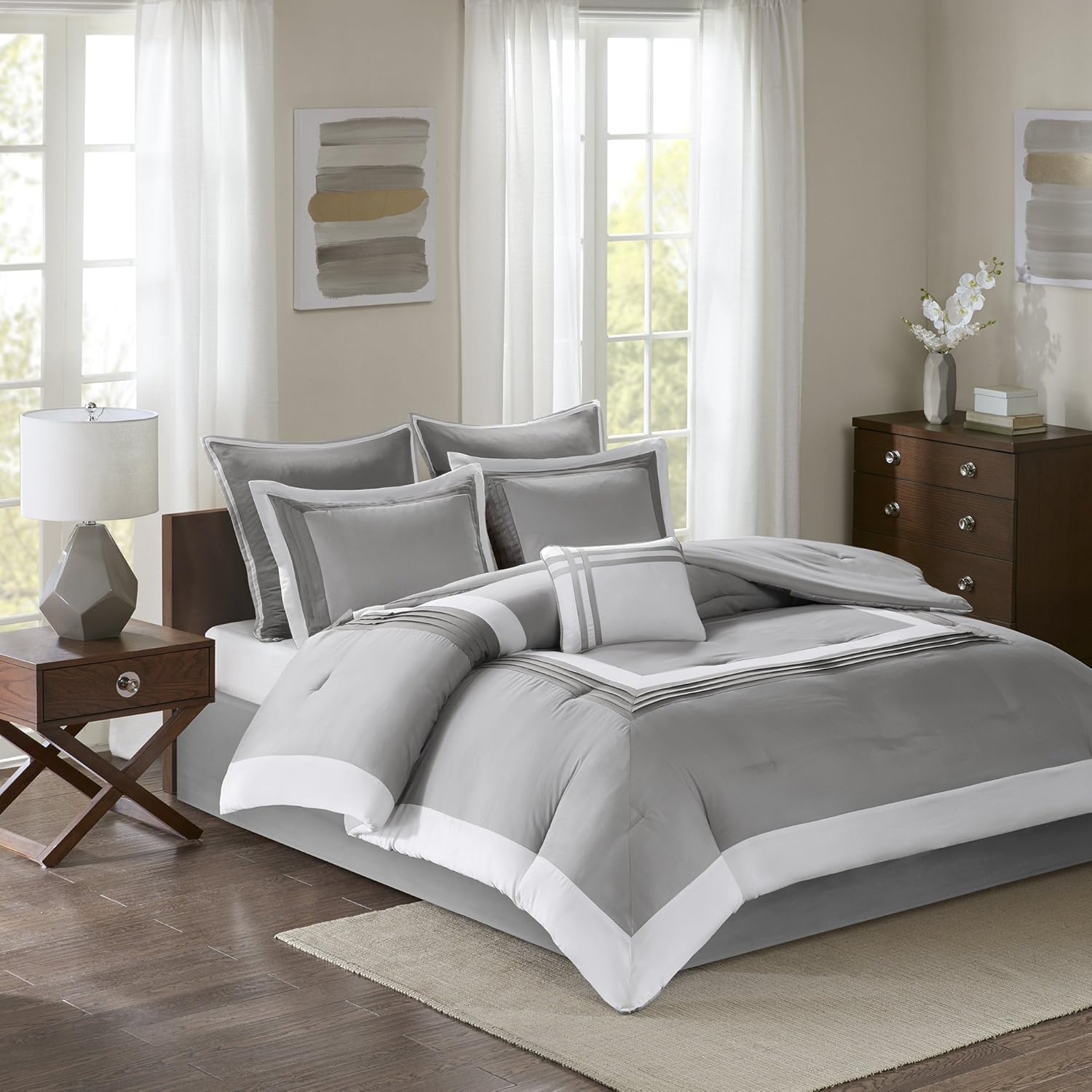 Comfort Spaces Malcom 7 Piece Comforter Set Ultra Soft Microfiber Hypoallergenic Bedding, Queen, Grey: Home & Kitchen