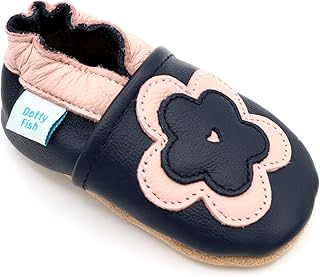Dotty Fish Weiche Baby und Kleinkind Lederschuhe. Mädchen. Marineblau und rosa Blume. 6-12 Monate (19 EU)