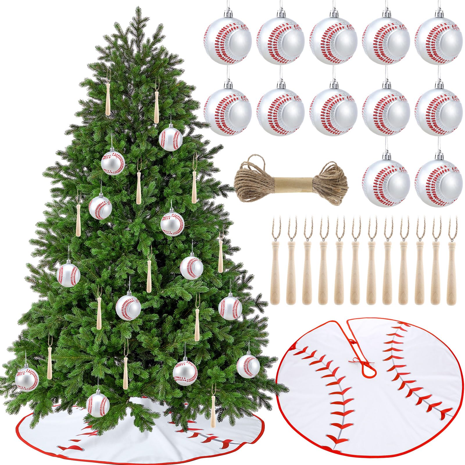 Photo 1 of Syhood 26 Pcs Baseball Christmas Decor Set Include 12 Sports Ball Ornaments 36'' Print Christmas Tree Skirt 12 Wooden Sports Bat Ornaments and Rope for Home Xmas Holiday Party