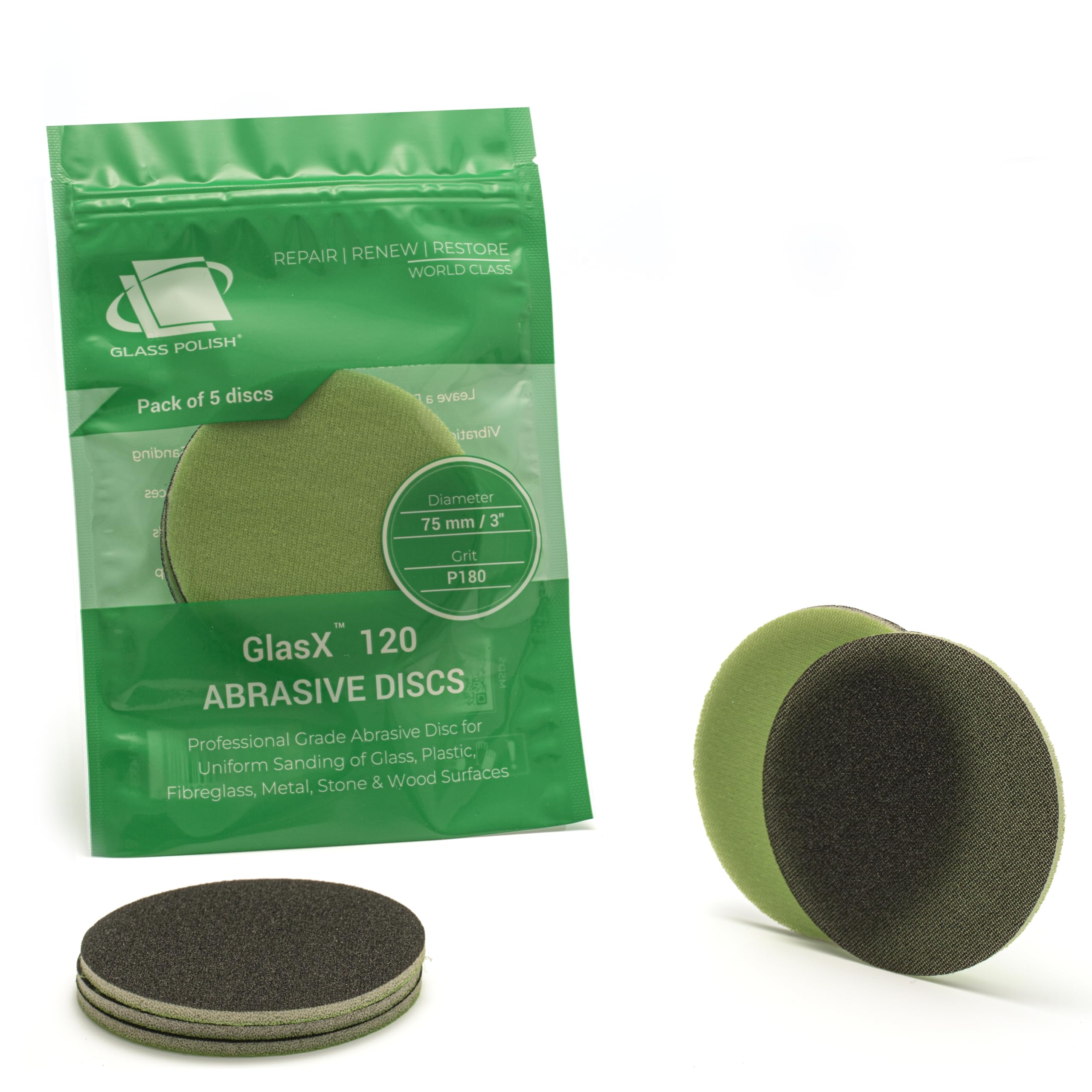 Glass Polish 3 inch (75mm) 180 Grit Pack of 5 Sanding Discs for Rotary Polisher - Foam Backed Silicon Carbide Abrasive P180 - GP14303