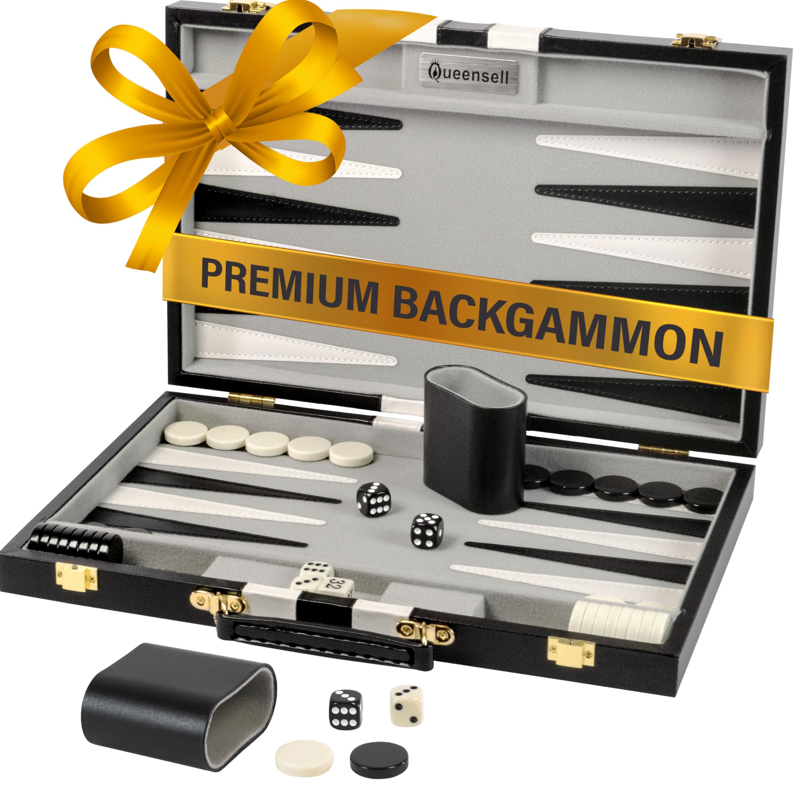 Backgammon Sets for Adults – 15-Inch Black PU Leather Board Game Set – Classic 2-Player Travel Backgammon Set with 32 Playing Pieces, Dice, and Cups
