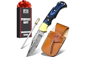 FH KNIVES 6.5 Inch Handmade Damascus Pocket Knife for Men - Damascus Steel Folding Knife with Sheath - Back Lock Pocket Knives for Men Christmas Gift for husband, boyfriend, Dad, brother