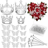 cridoz Flower Bouquet Accessories Including 4 Pcs Silver Crowns, 12 Pcs Butterfly Decorations and 50 Pcs Flower Pins for Flower Bouquets and Cake Topper Decoration