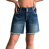 roswear Women's Stretchy Wide Leg High Waisted Frayed Hem Long Jean Shorts