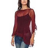 SHU-SHI Womens Sheer Poncho Shrug Lightweight Knit Ruffle Pullover Sweater Top